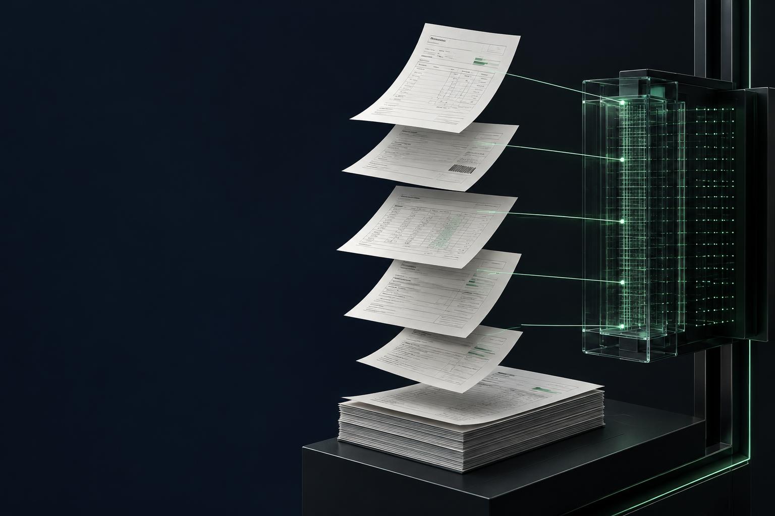 Synthetic documents connected to a green-lit AI processing unit